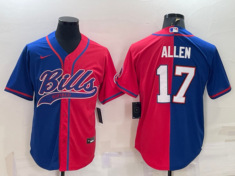 Men's Buffalo Bills #17 Josh Allen Royal/Red Split With Patch Cool Base Stitched Baseball Jersey Men's Buffalo Bills #17 Josh Allen Royal/Red Split With Patch Cool Base Stitched Baseball Jersey